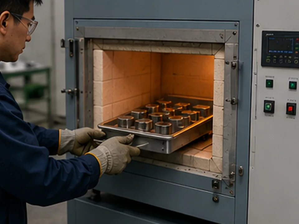 Tecnico che carica campioni di magneti permanenti in un forno industriale controllato per trattamenti termici