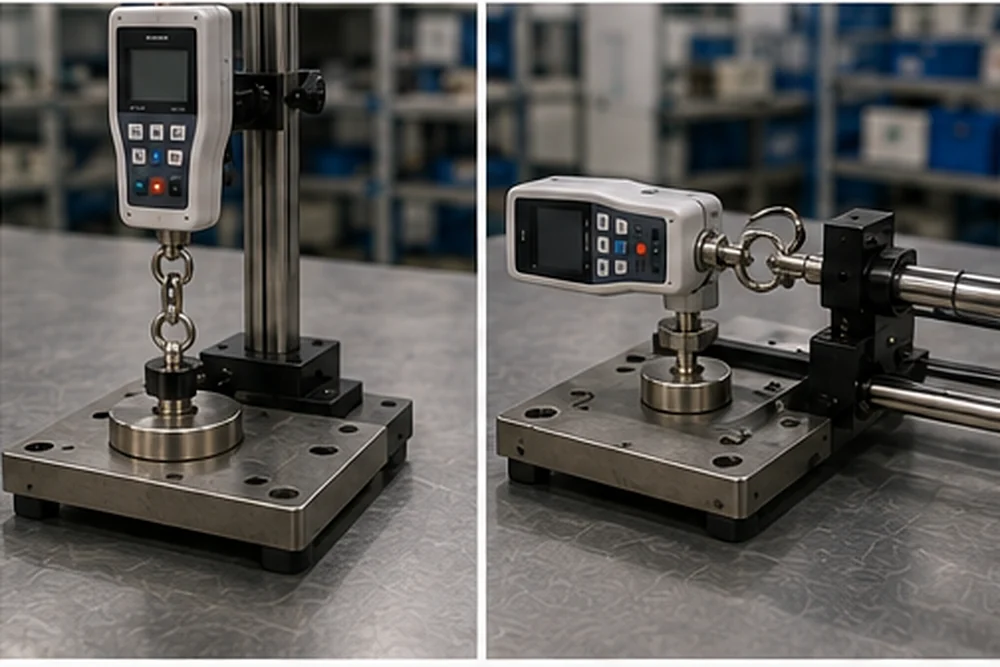 Vergleich von Magnet-Prüfvorrichtungen für senkrechte Abreißkraft und horizontale Scherbelastung