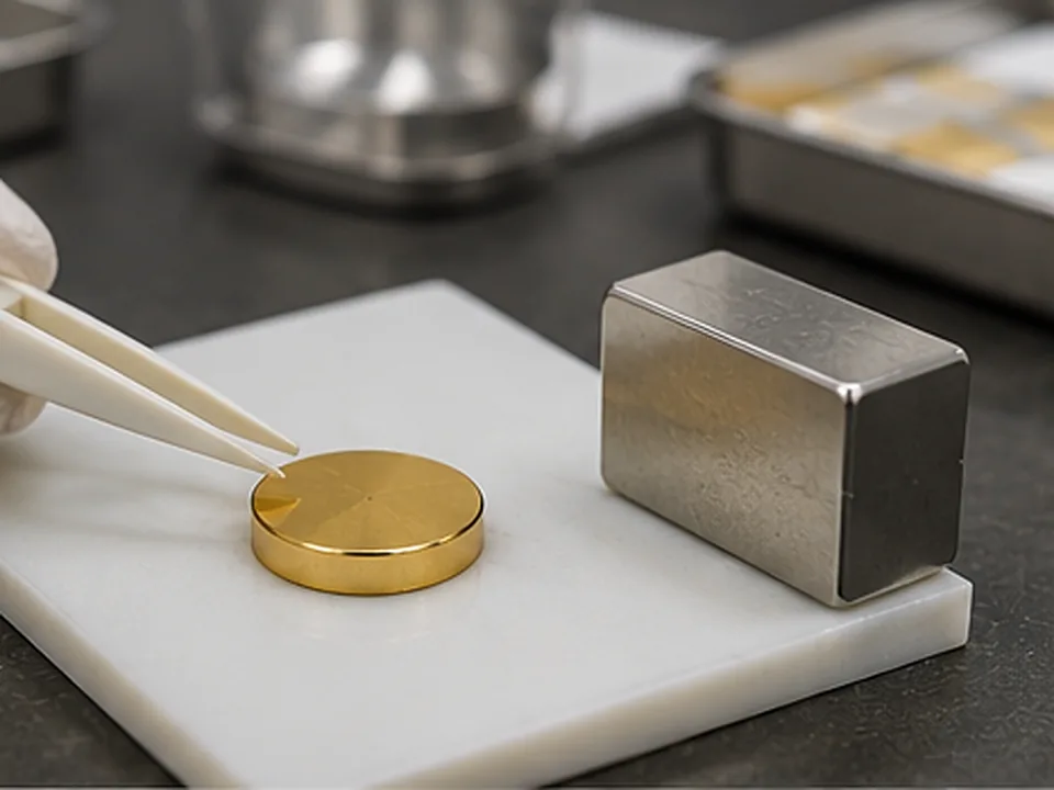Échantillon de matériau de couleur or positionné près d’un aimant en néodyme lors d’un contrôle de présélection en laboratoire.