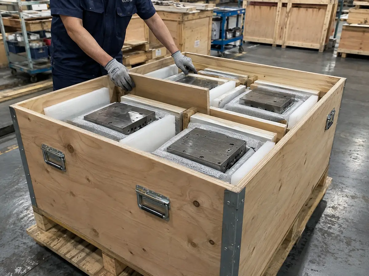 Große Magnetbaugruppen, im Exportverschlag mit Schaumstoff und Holztrennelementen gesichert