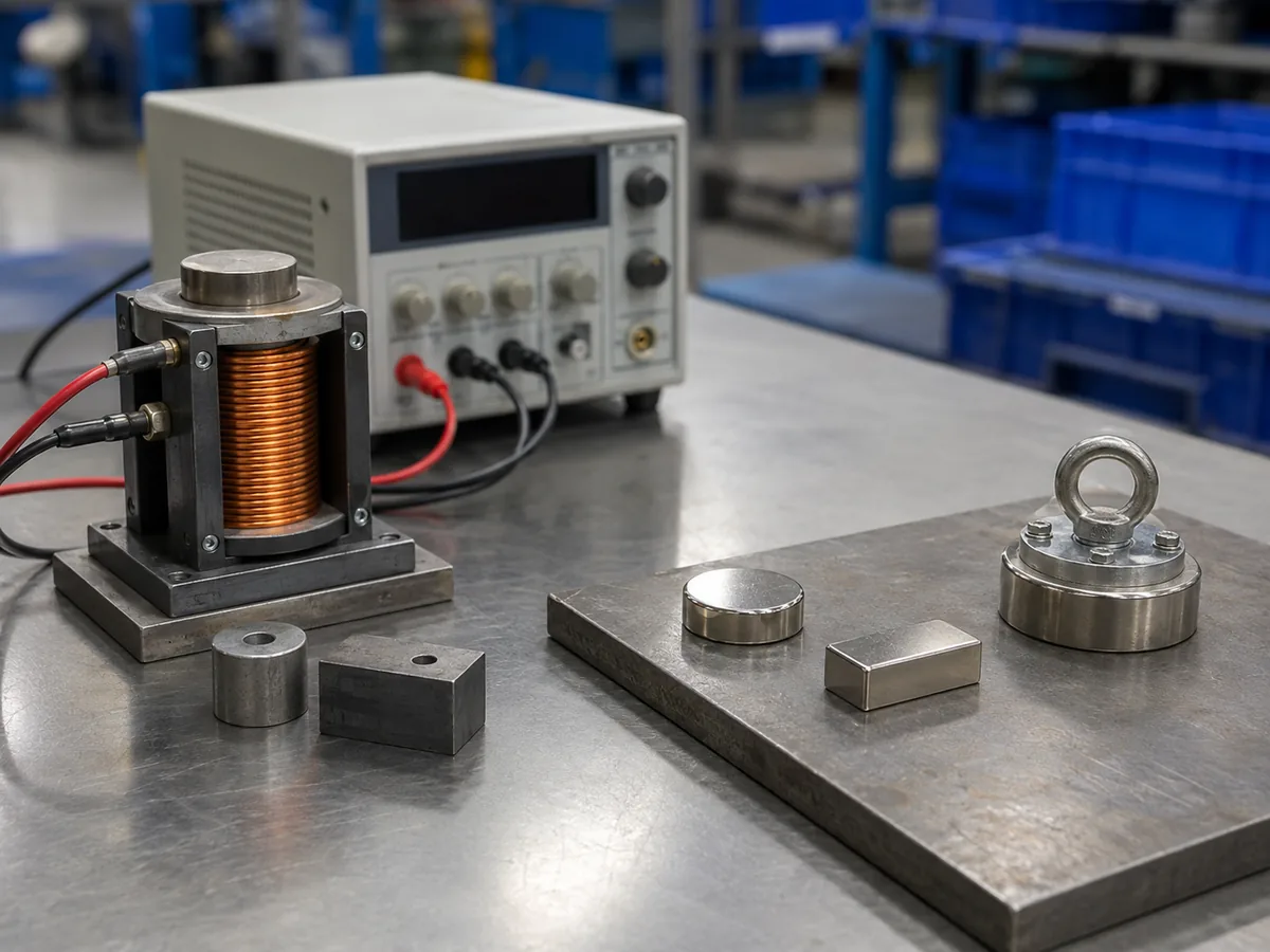 Temporary magnet and permanent magnet industrial comparison with electromagnet and permanent magnetic components