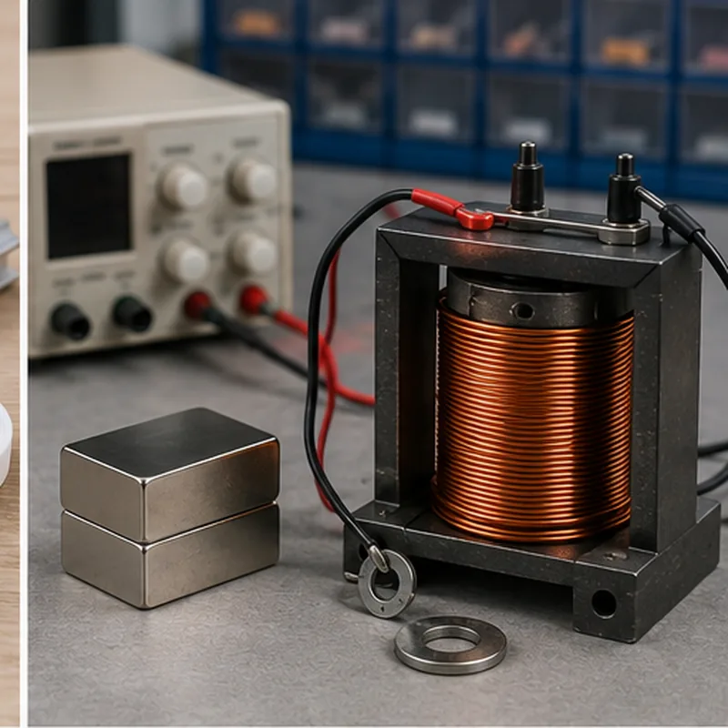 Trwałe magnesy neodymowe obok elektromagnesu z cewką miedzianą na stanowisku inżynierskim