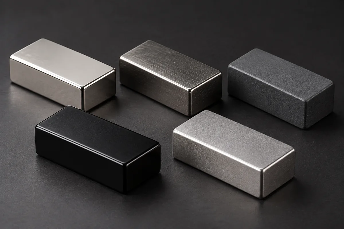 Grupa prostokątnych magnesów z różnymi metalicznymi i ciemnymi powłokami ochronnymi na tle ciemnej fotografii produktowej