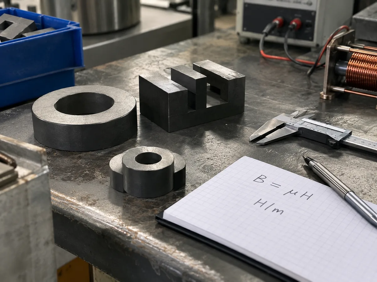 Muestras de núcleos magnéticos y herramientas de inspección dispuestas en un banco de ensayos de ingeniería