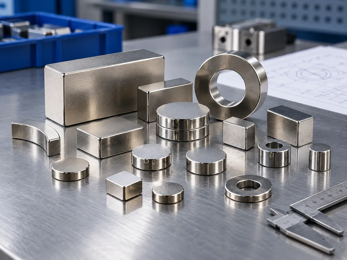 Nickel-plated neodymium magnets in multiple shapes on an industrial workbench