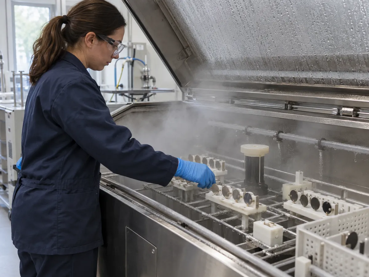 Technik laboratoryjny kontrolujący próbki w komorze do badań w mgle solnej