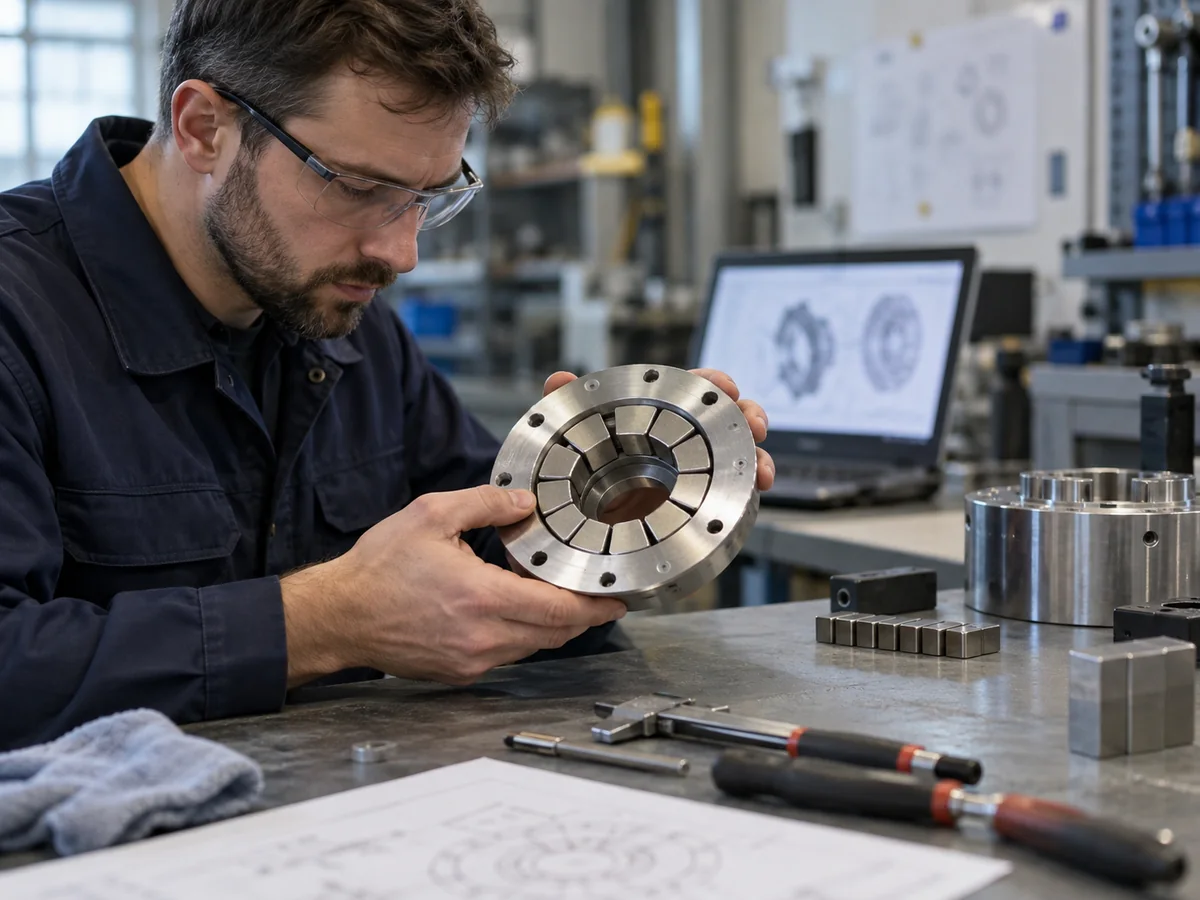 Ingeniero revisando un conjunto con imanes de neodimio crítico respecto a la temperatura y la configuración de validación