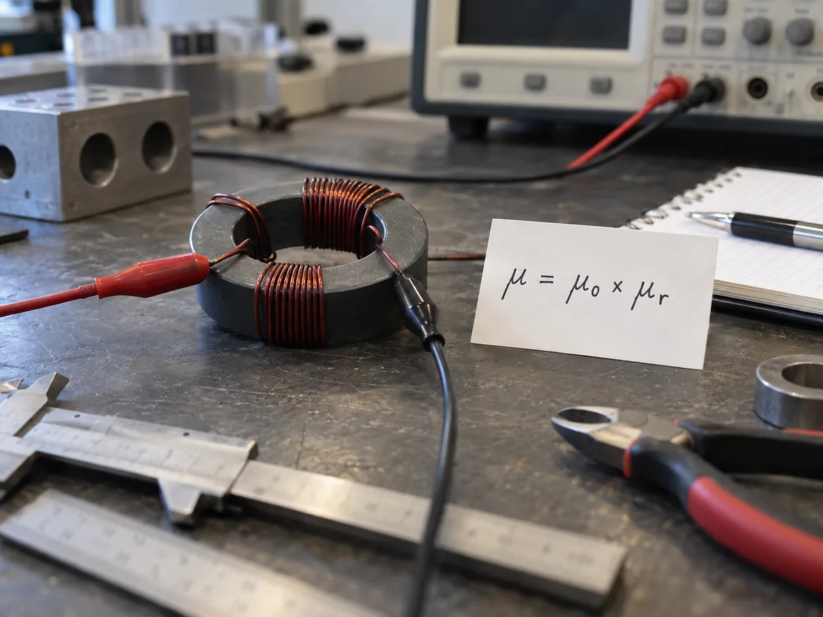Núcleo magnético toroidal con devanados de prueba en un banco de laboratorio para ensayos de permeabilidad