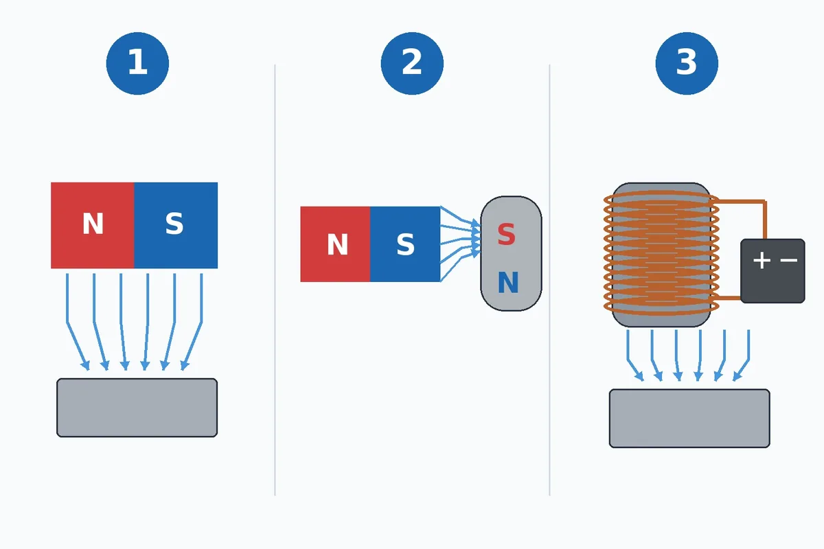 영구 자석, 유도 자성, 전자석을 보여주는 세 개의 번호가 매겨진 도식도